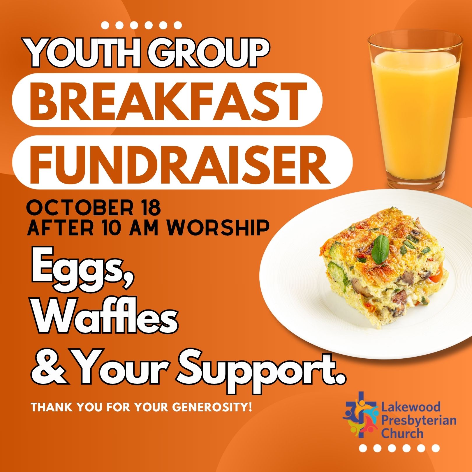 Photo advertising the youth fundraising breakfast on October 18 following the worship service.