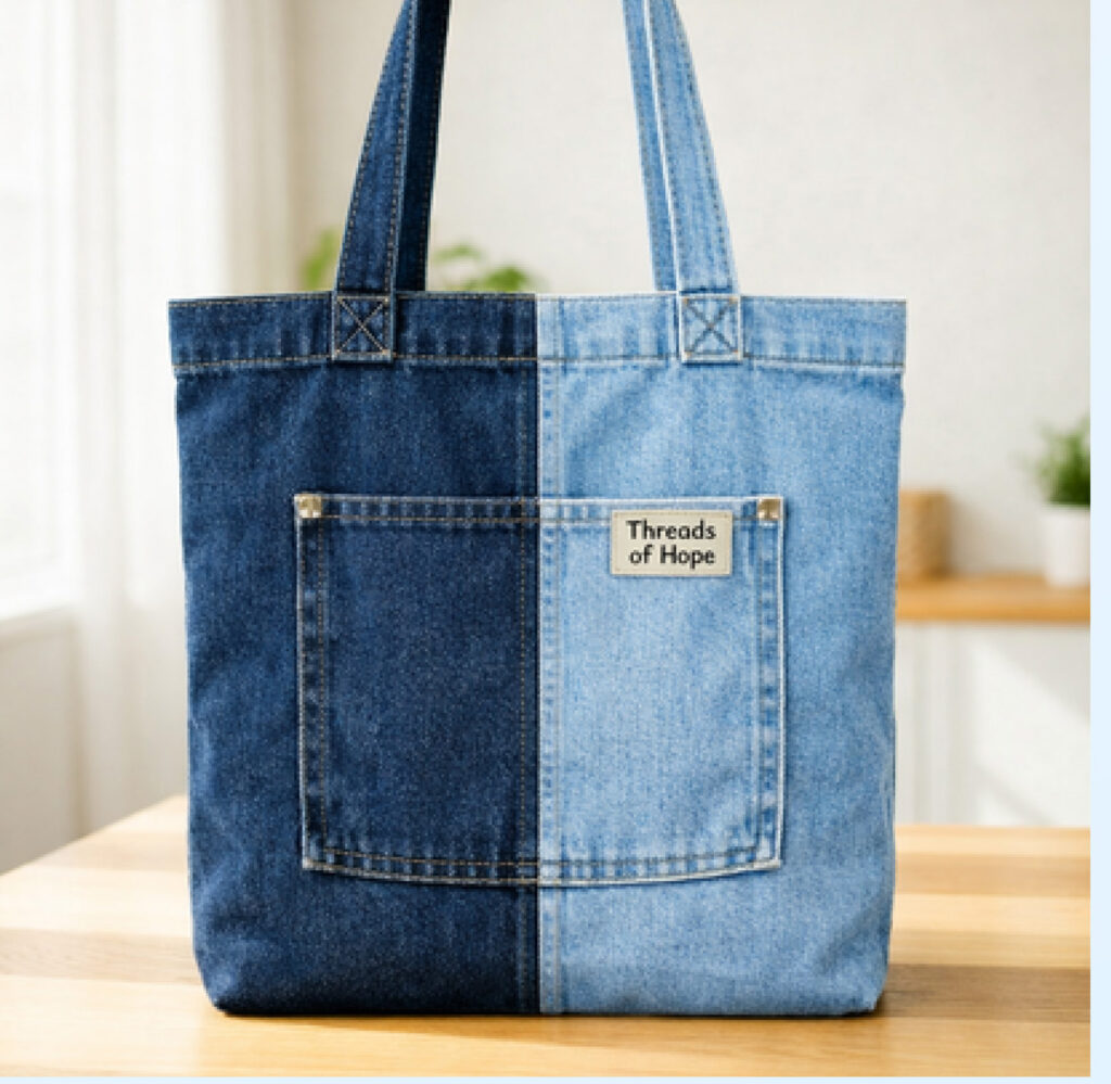 Photo of a Threads of Hope denim tote bag